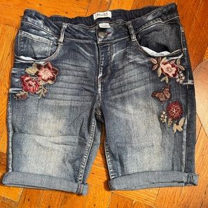 Mudd Girls Size 16 1/2 Flower Embroidered Denim Bermuda Shorts